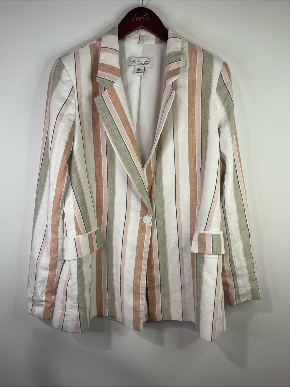 Rachel Zoe Striped Linen-Blend Blazer in White, Blush & Sage